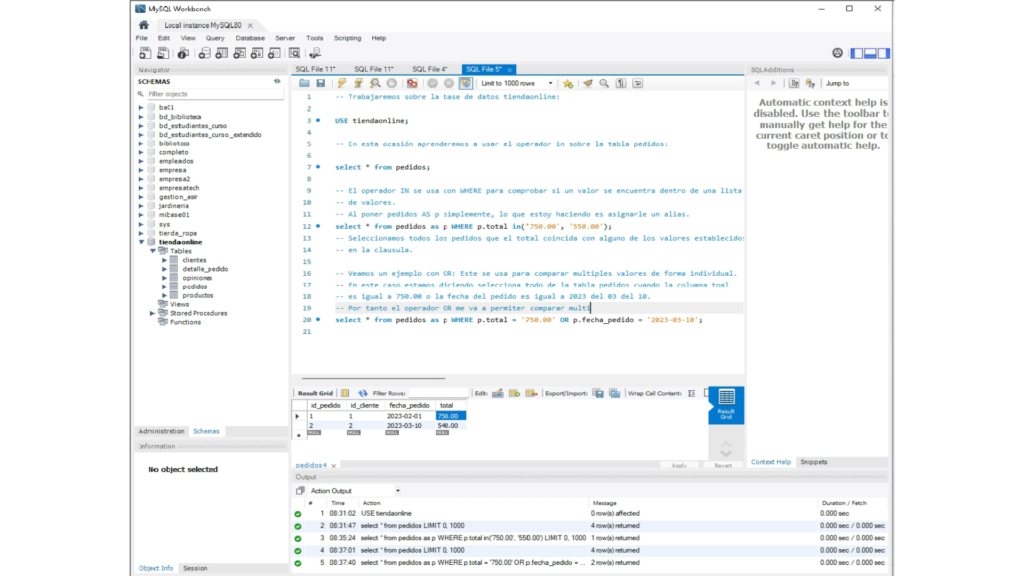 Uso del operador IN en SQL con la tabla pedidos