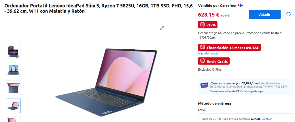 portátil con Ryzen 7, 16 GB de RAM y 1 TB SSD por 628,15 € hasta el 13 de julio de 2026