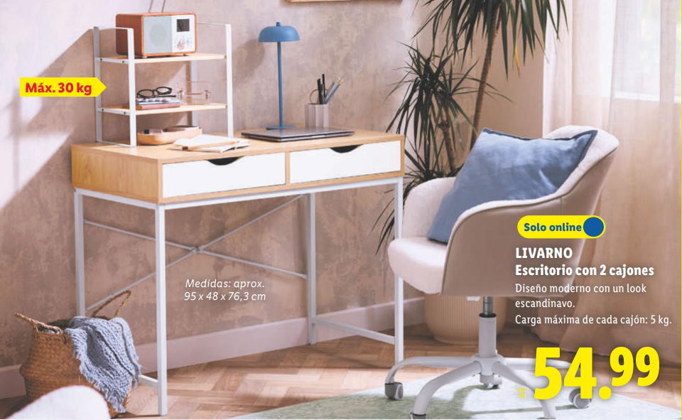 Se trata de un escritorio LIVARNO con dos cajones, una propuesta que apuesta por un tamaño contenido y un diseño bastante actual. Su precio es de 54,99 euros, pero hay algo que tienes que saber antes de buscarlo en tu supermercado: no estará disponible para comprarlo directamente en las tiendas Lidl, ya que se ofrece exclusivamente a través de su tienda online.