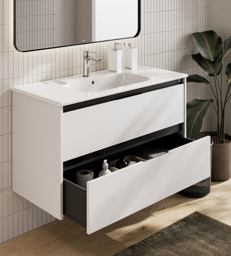Un mueble de baño blanco mate con tiradores negros