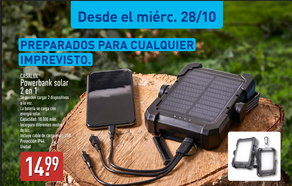 Este cargador portátil destaca por su capacidad de 10.000 mAh, la posibilidad de cargar dos dispositivos al mismo tiempo y la incorporación de una función de carga mediante energía solar. Además, incluye diferentes modos de luz, un cable de carga multi USB y protección IP44.